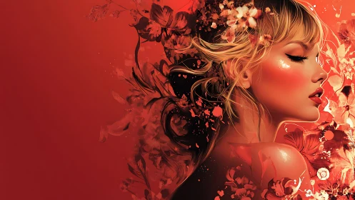 Profile portrait with floral elements on red background.