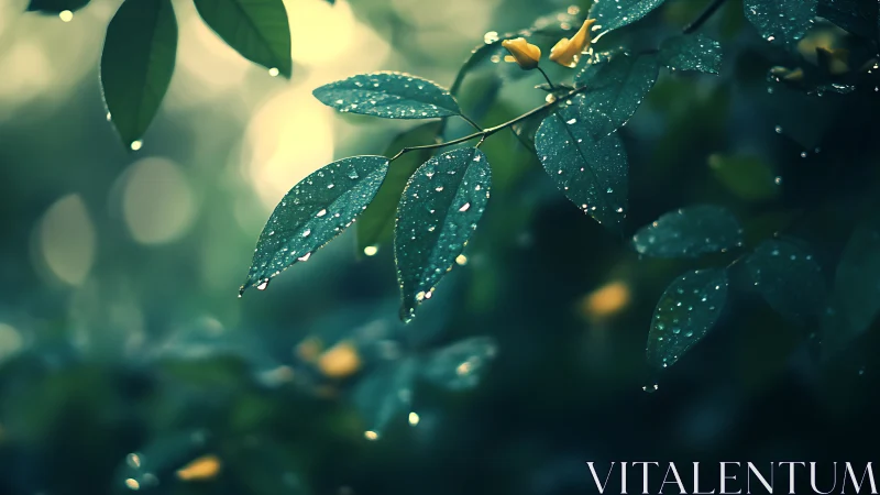 Raindrops rest on green leaves against a soft blurred background