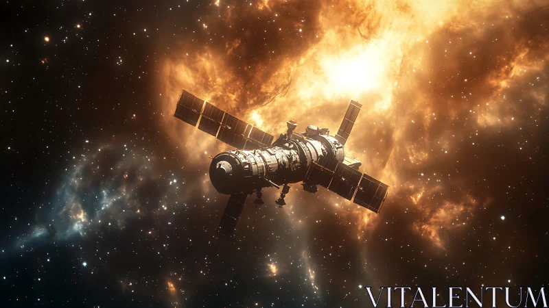 Satellite orbits dense star field before bright nebula glow