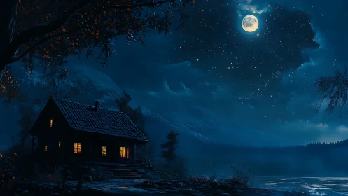 Moonlit cabin hush under star-scattered mountain veil.