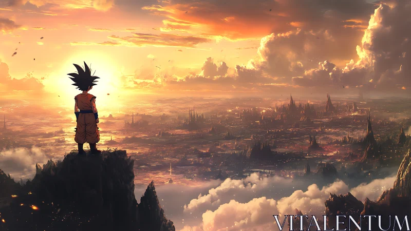 Child warrior overlooks glowing fantasy city at sunset