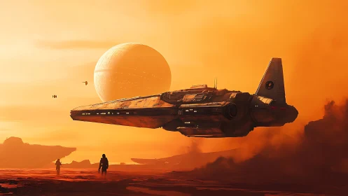 Large starship over orange desert with giant distant planet.