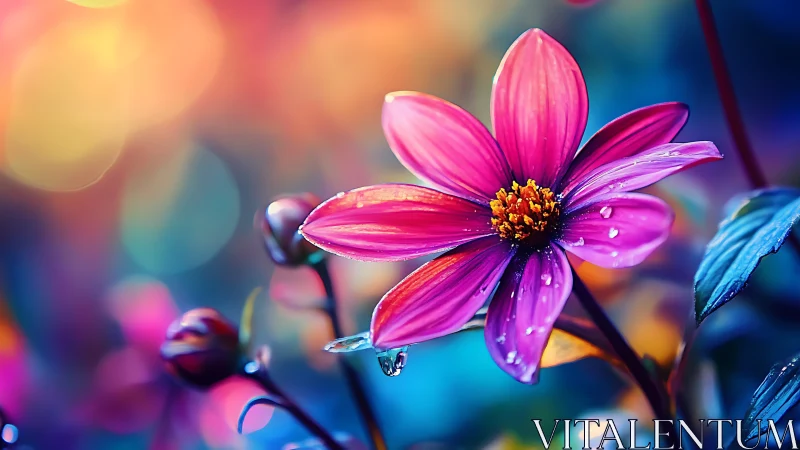 Vibrant Pink Cosmos Flower With Dewdrops in Golden Sunset Light