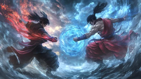 Two martial warriors clash with opposing elemental powers