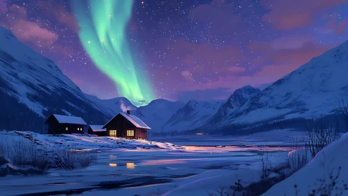 Aurora glows above a snowy cabin valley under starry twilight