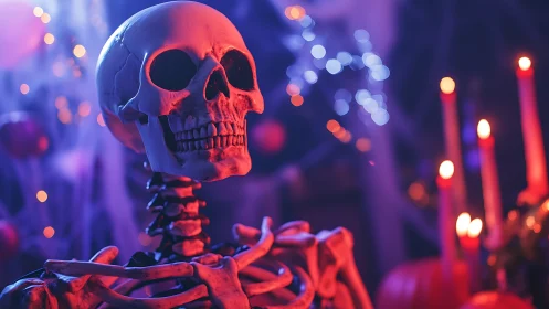 Halloween skeleton under neon candlelight bokeh glow.
