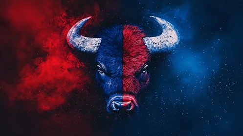 Bison split portrait glows in red and blue cosmic haze.