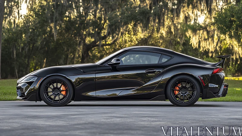 Black sports coupe in profile with gloss finish and spoiler.