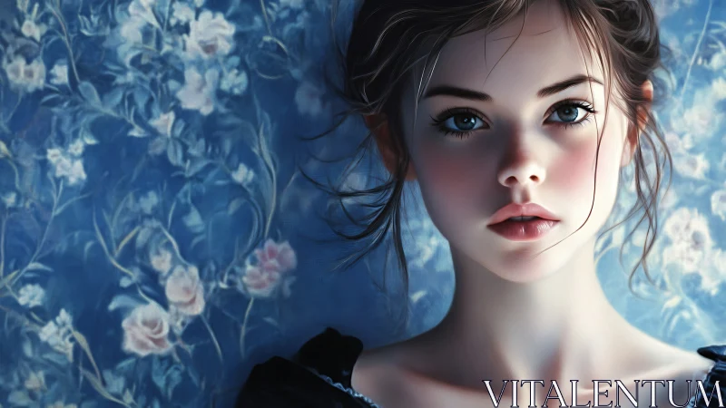 Digital portrait of young woman against blue floral backdrop