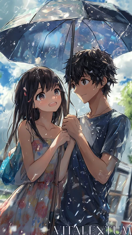 Anime couple sharing umbrella under bright summer rain.