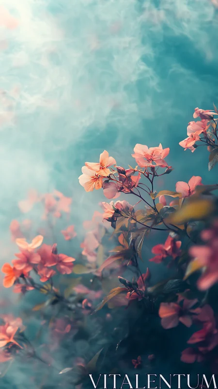 Coral Flowers Against Turquoise Mist.