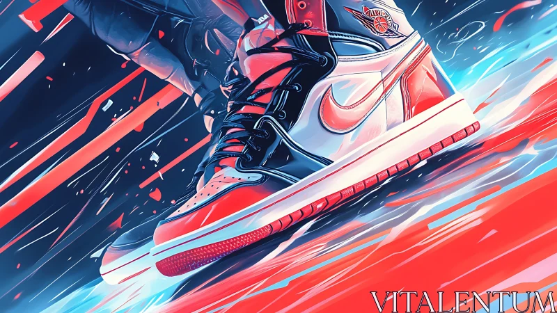 Dynamic red and white sneakers explode with high-speed energy.