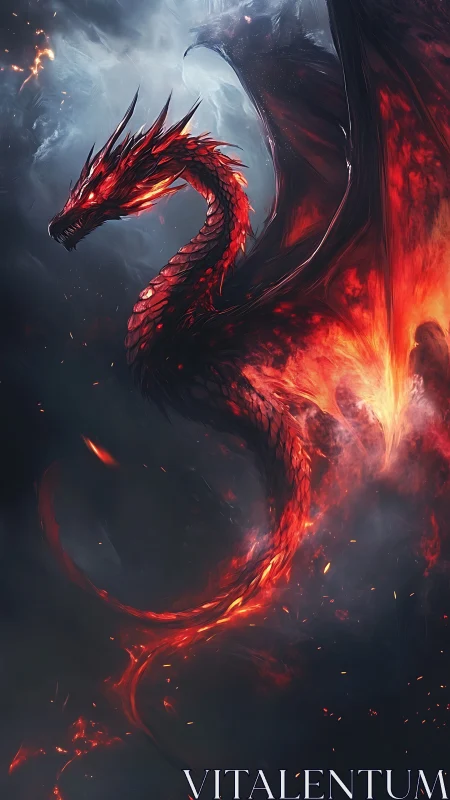 Infernal crimson dragon coils through volcanic storm.