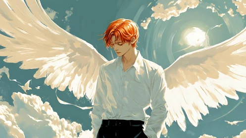 Angelic male figure with outstretched wings under backlit cirrus sky