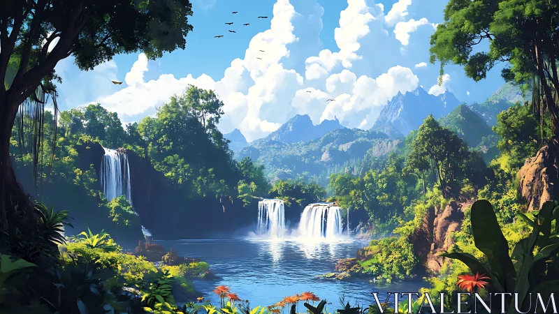 Lush tropical waterfalls with distant mountains and sky.