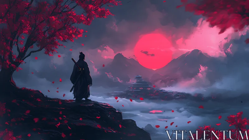 Lone samurai surveys crimson dawn above misted temple