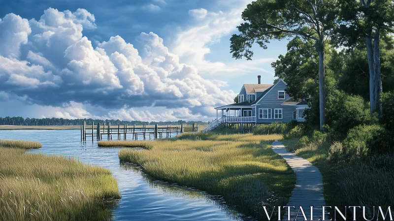 Inviting marshside cottage under drifting summer clouds.