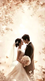 Wedding couple portrait under floral canopy in soft light.