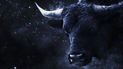 Celestial midnight bull crowned in frostlit cosmic dust.