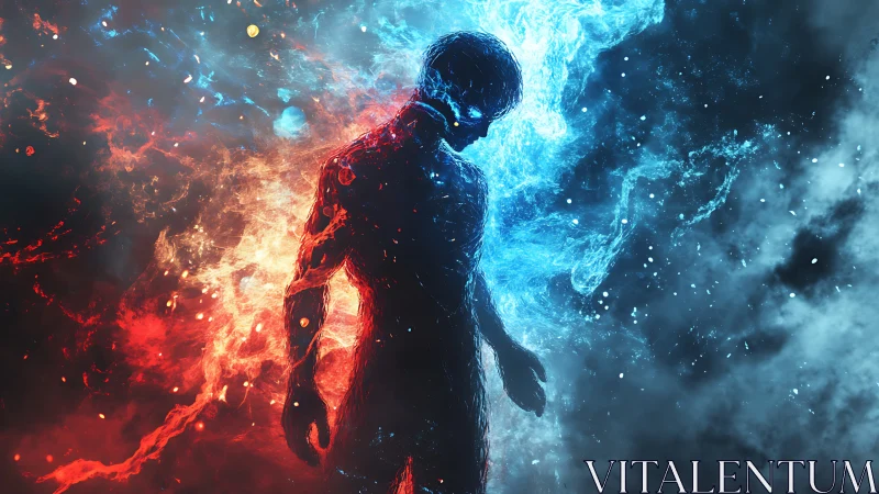 Elemental avatar in bifurcated fire and ice energy field.