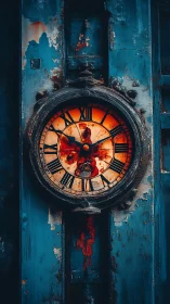 Decayed wall clock with bloodlike stains and blue paint.