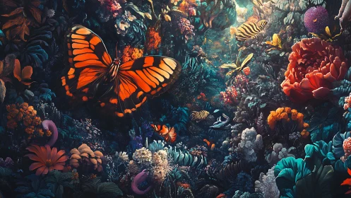 Monarch dream sails through glowing coral jungle garden.