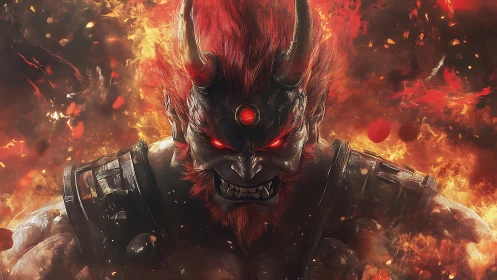 Infernal warlord rising from wildfire, eyes blazing red.
