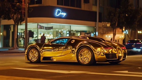 Gold supercar reflects neon city lights at night