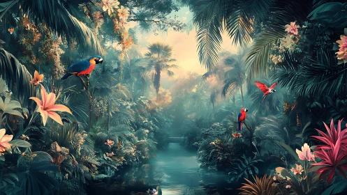 Parrots gossip in a misty neon jungle beside secret waters.