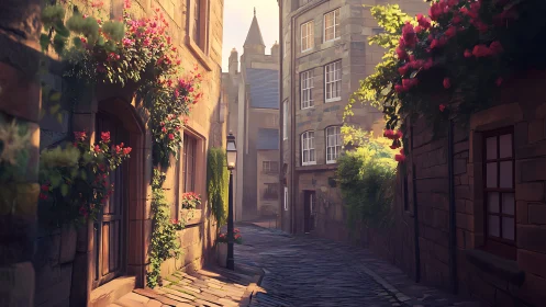 Narrow stone alleyway curves between old houses at sunset