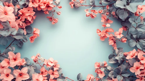 Coral Geraniums Frame Serene Turquoise Canvas.