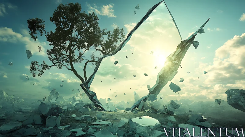 Shattered sky and resilient tree in a dreamlike sunrise.