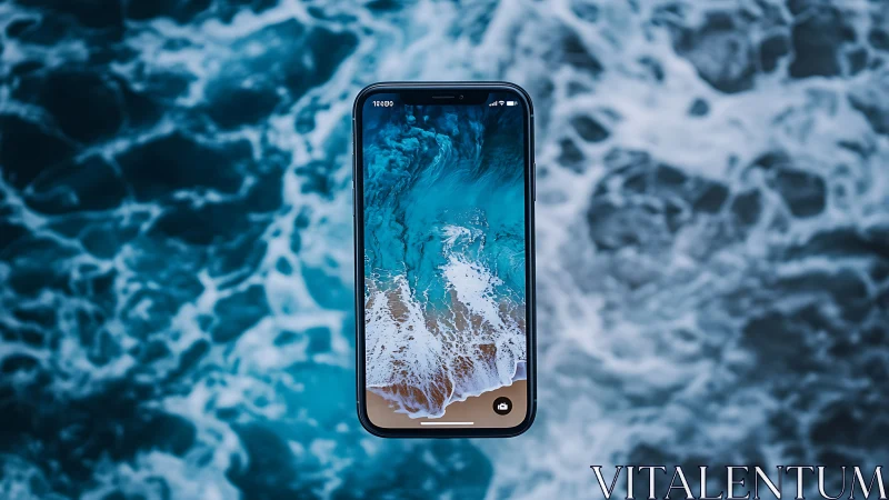 Smartphone with ocean wallpaper suspended over water.