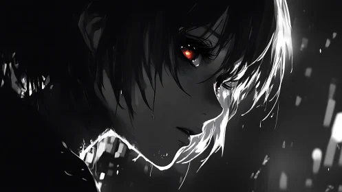 Side profile anime portrait with glowing red eye in dark