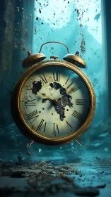 Surreal vintage alarm clock suspended in eroding aquatic space.