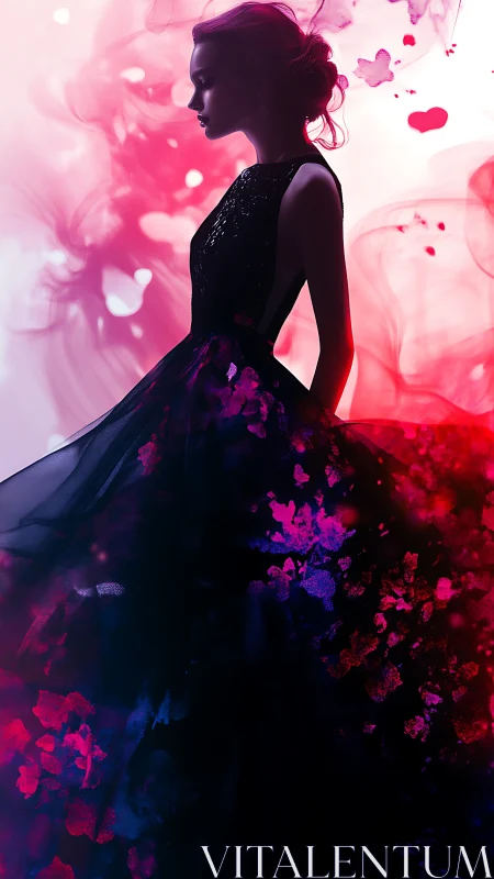 Digital painting portrait with ethereal dress and ink blooms.