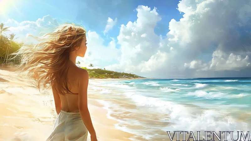 Digital painting of sunlit shoreline figure in ocean breeze.