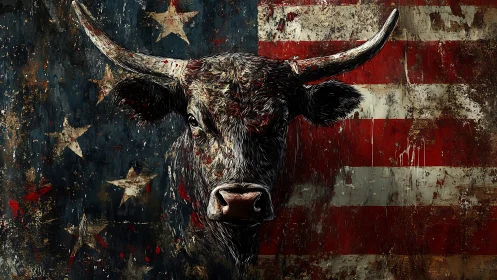 Textured longhorn portrait against distressed US flag backdrop.