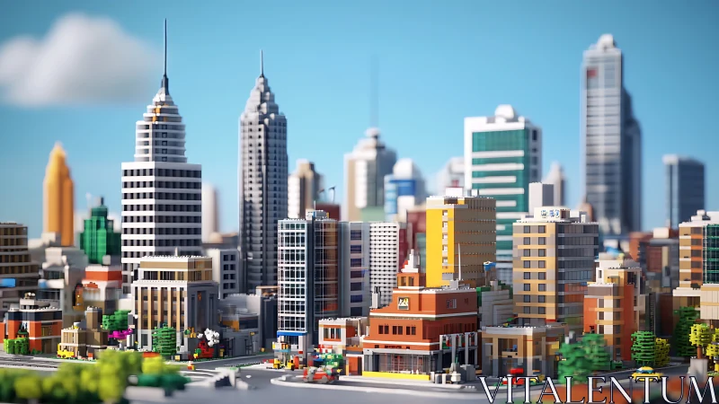 Voxel-style LEGO cityscape with depth-of-field and modular blocks