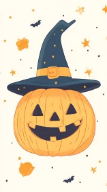 Playful Halloween pumpkin illustration with stylized witch hat.