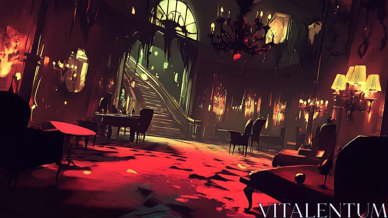 Haunted grand hall glows in sinister red and golden light