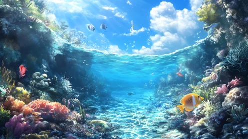 Sunlit coral corridor where reef fish glide through turquoise hush.