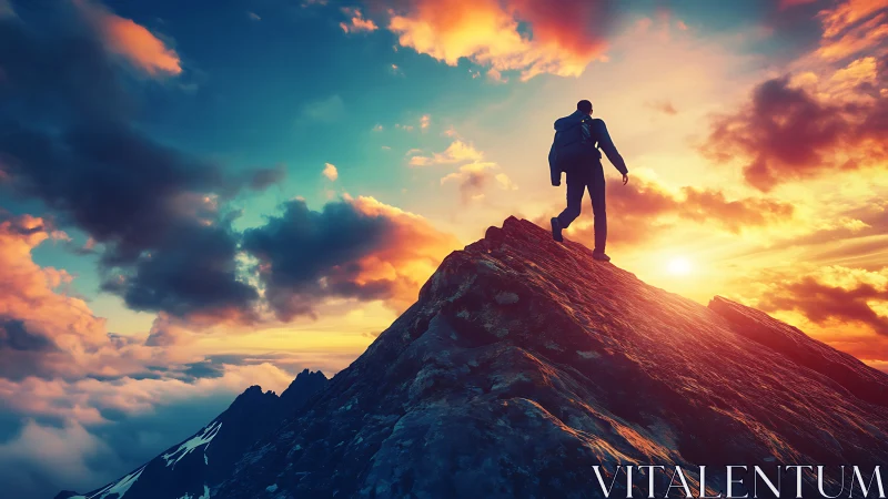 Hiker on rugged mountain ridge under vivid sunset sky.