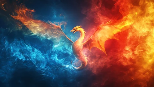 Fiery dragon poised between blue frost and golden flame.