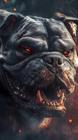 Demonic bulldog head growls with glowing embers and fangs