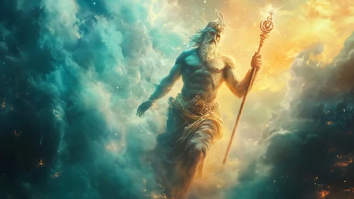 Mythic sky god with staff striding through glowing clouds.