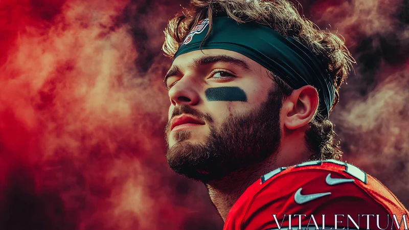 Cinematic portrait isolates focused football player in smoke