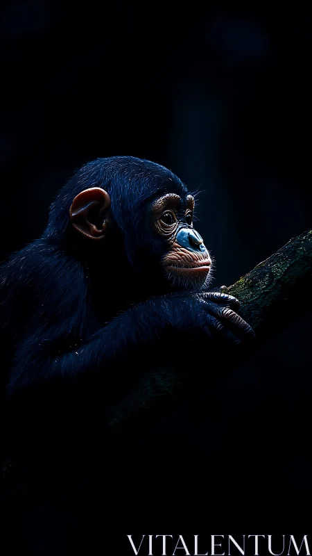 Young primate rests on branch in low key side profile view