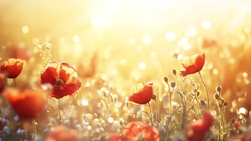 Red Poppies in Golden Hour Backlighting with Bokeh Depth of Field