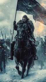 Armored warlord on black warhorse charging through blizzard